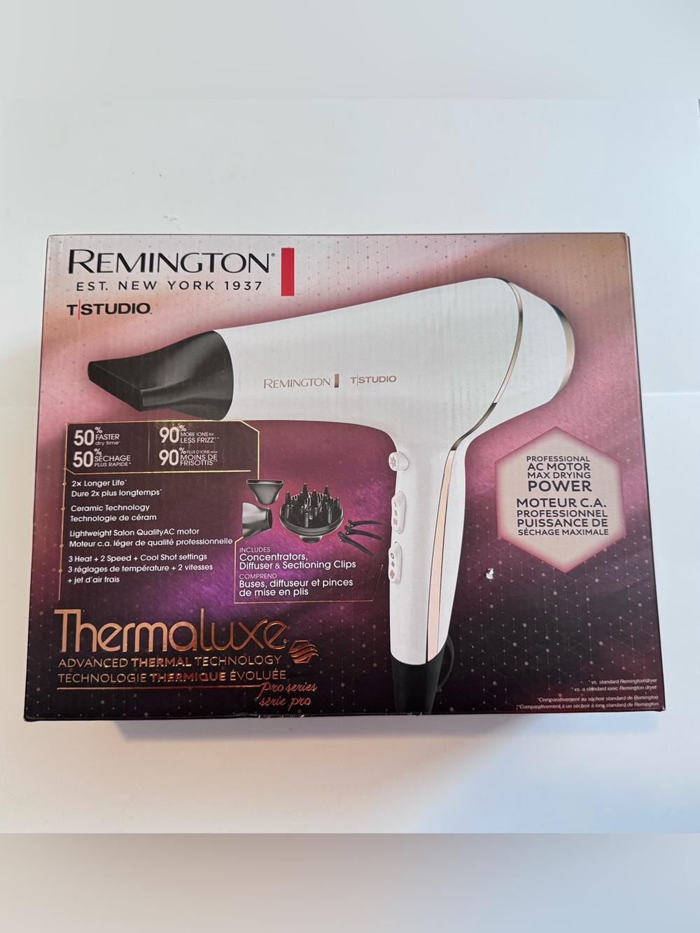 Remington White and Silver Thermalluxe Hair Dryer with Attachments